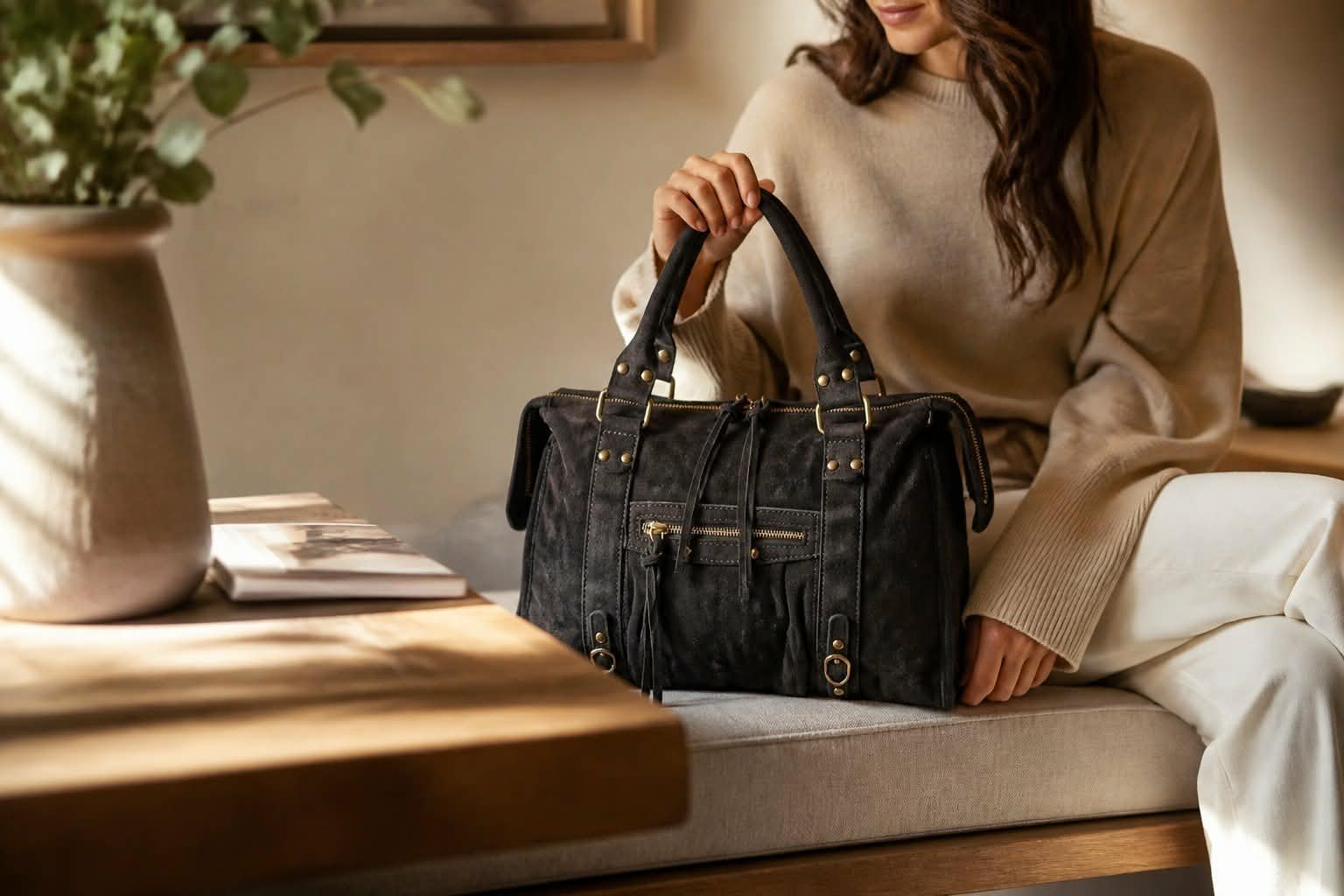 Sac cuir Suède Capucine large Black