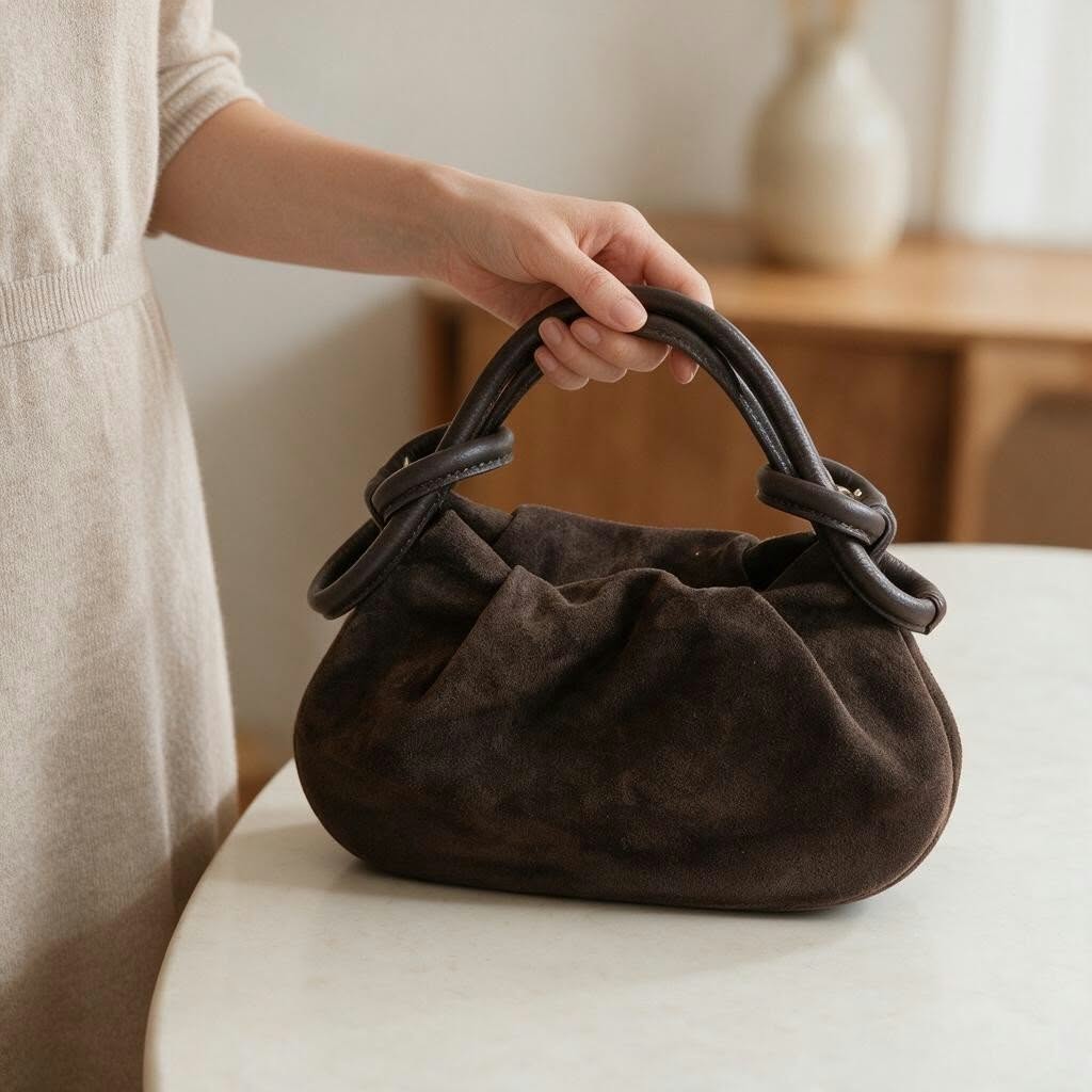 Sac en cuir suède graine noeud chocolat