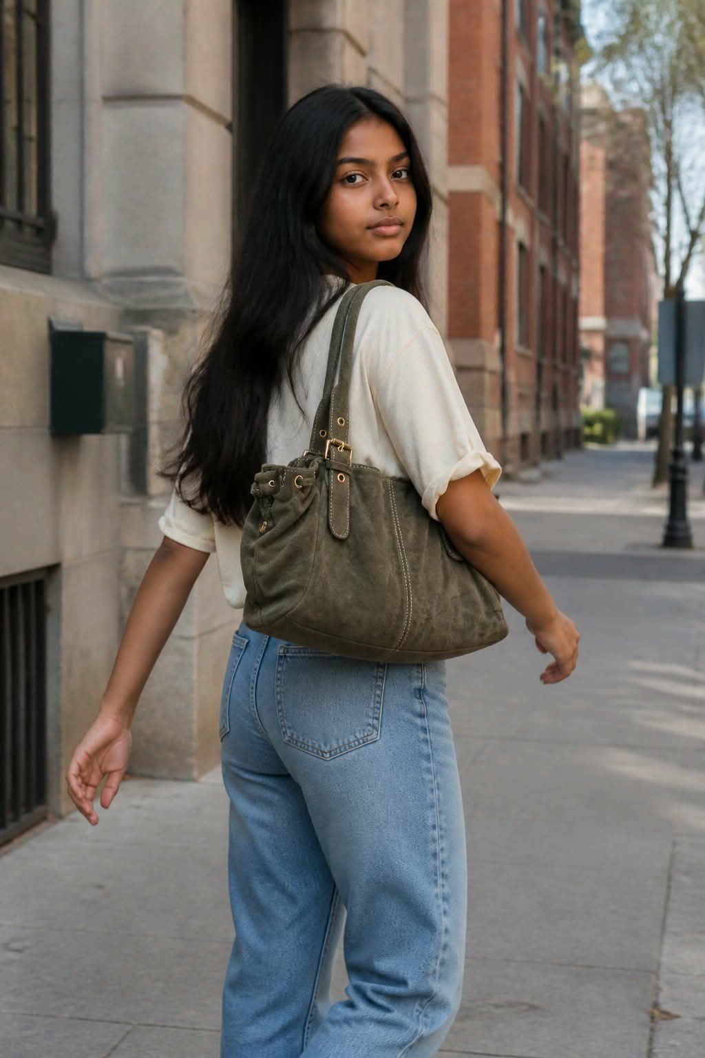 Sac cuir lacet large Kaki