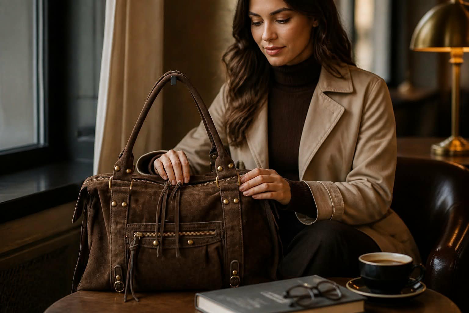 Sac cuir Suède Capucine large Marron
