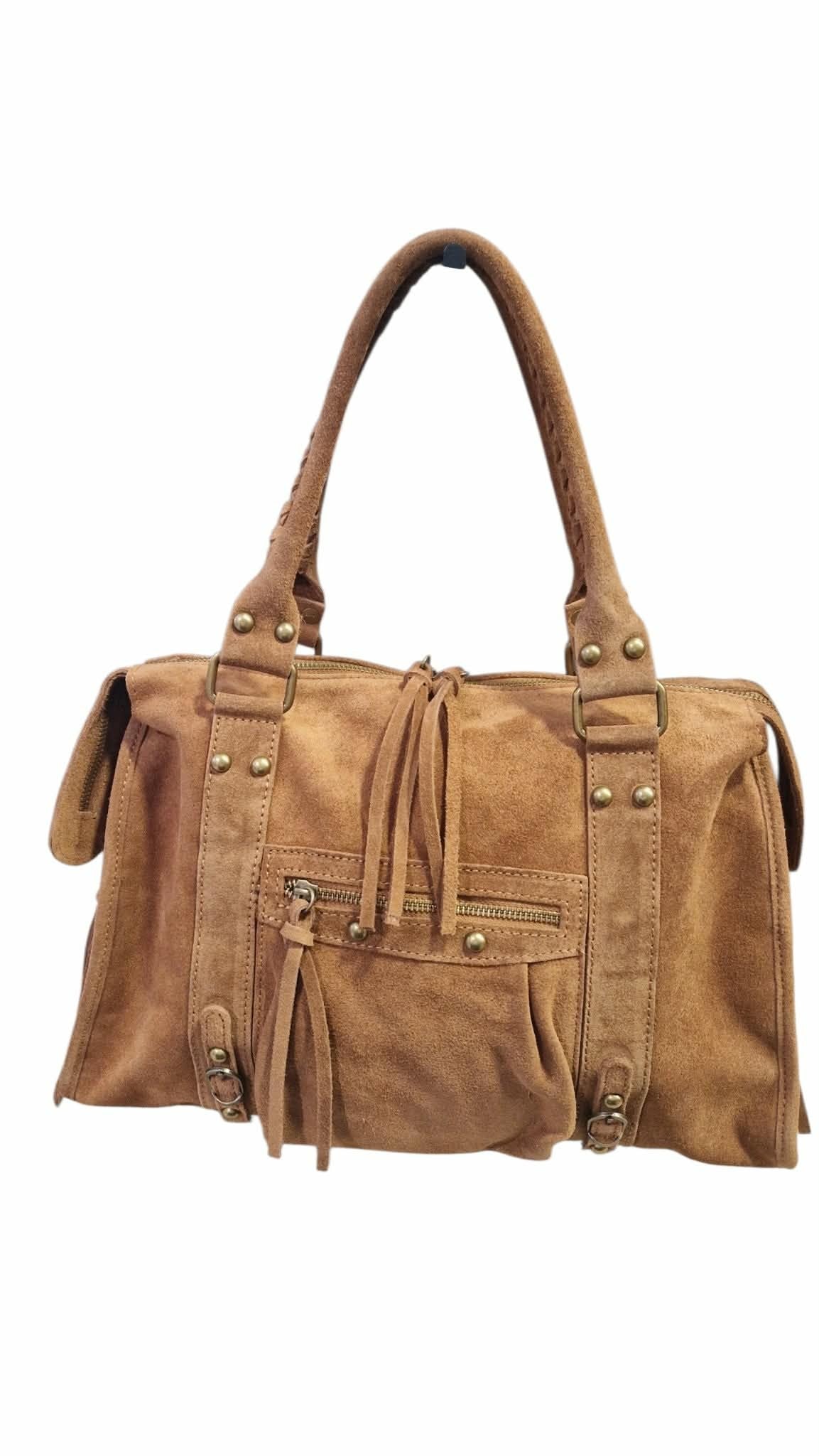 Grand sac à main Jolies Folies en daim marron style bohème avec poches zippées et détails en métal vieilli