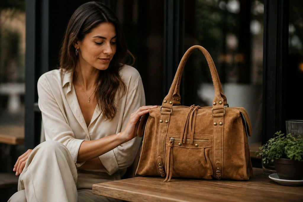 Femme élégante posant avec un grand sac à main Jolies Folies en daim marron style bohème chic sur une table en bois