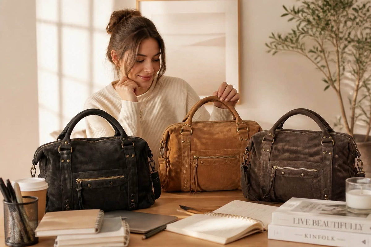 Femme souriante présentant trois grands sacs à main en daim Jolies Folies aux tons noir, camel et marron foncé.